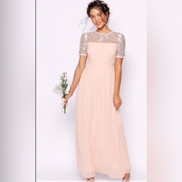 ASOS I Maya Deluxe Blush Chiffon Gown with Illusion Sequined Front Yoke - Picture 1 of 8